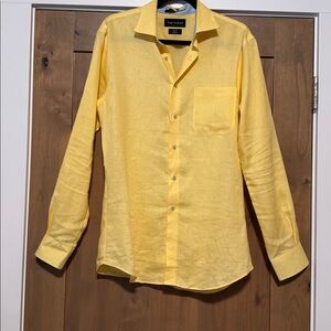 Paul Frederick Mens 16/35 Linen button down shirt Bright yellow blue trim dressy